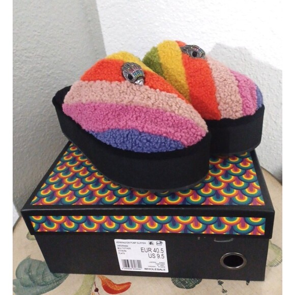 Kurt Geiger London Women Kensington Faux Shearling Platform Slippers Rainbow 9.5 - Picture 1 of 12